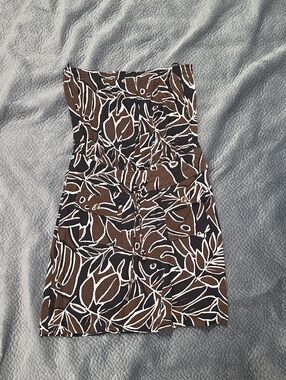 Cache Brown and White Strapless Leaf-Print Dress